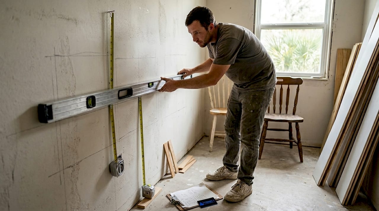 DIYer measuring uneven wall for shiplap