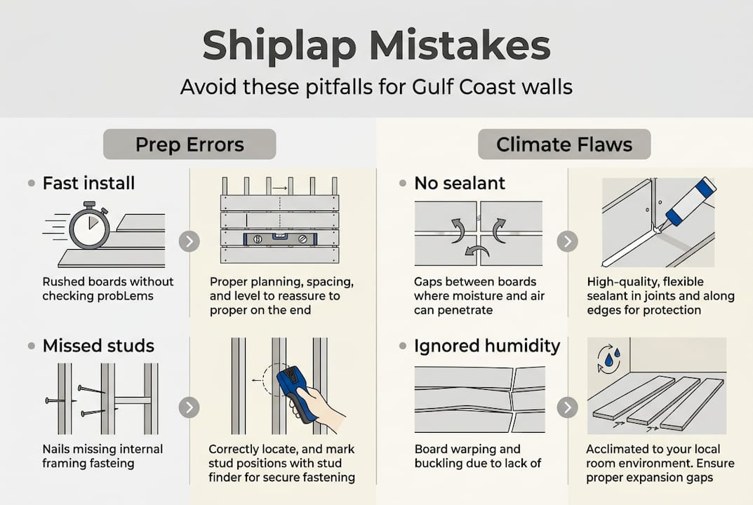 Infographic showing shiplap installation mistakes