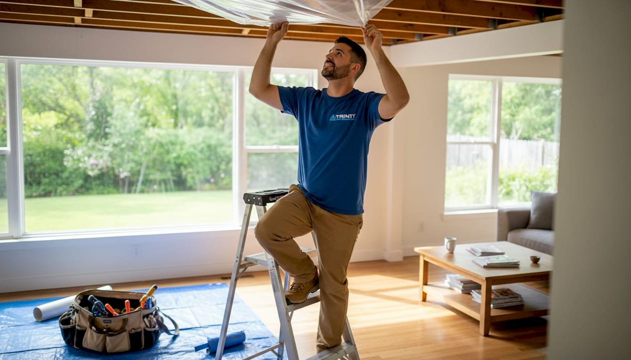 Contractor installing shiplap ceiling air barrier