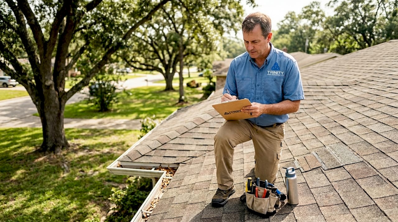 Inspector examining sunlit Gulf Coast home roof