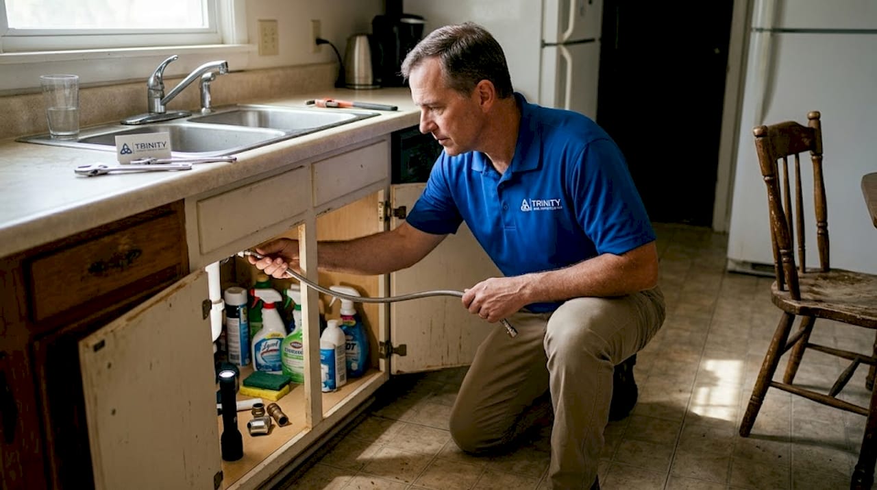 Homeowner installing refrigerator water line under kitchen sink
