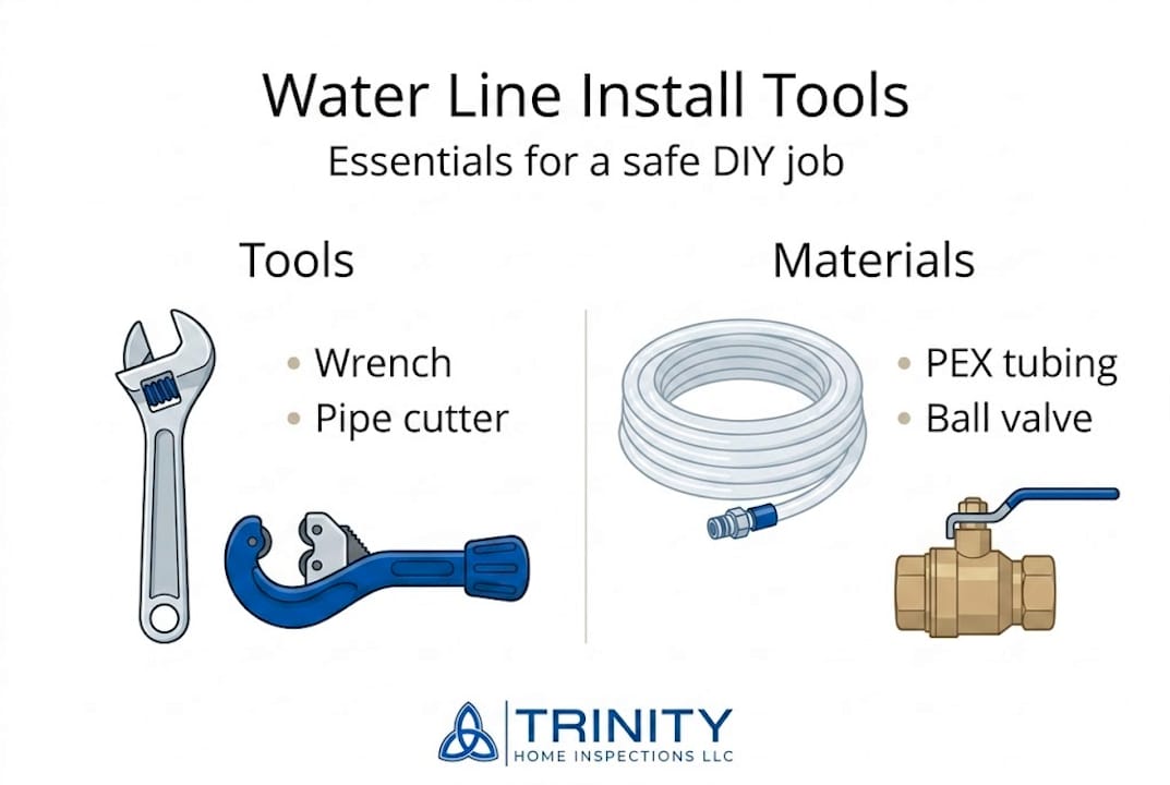 Infographic showing key tools and materials for water line installation