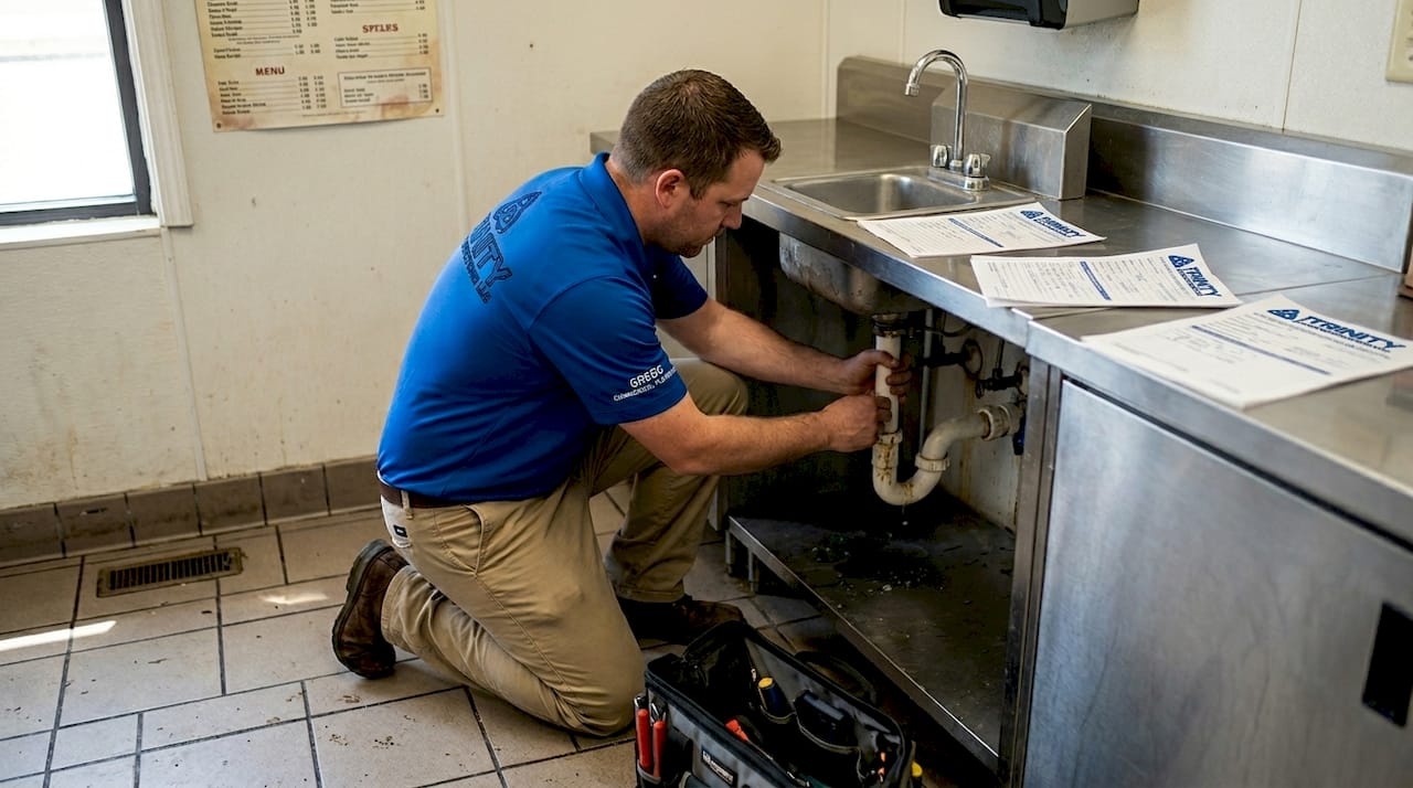 Plumber checks sink pipes in restaurant