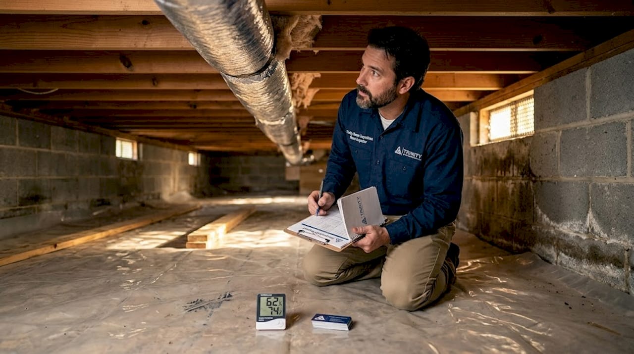 Inspector checking crawl space return duct