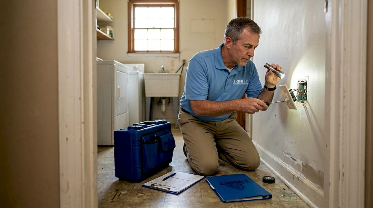 Inspector checks drywall for corrosion with flashlight