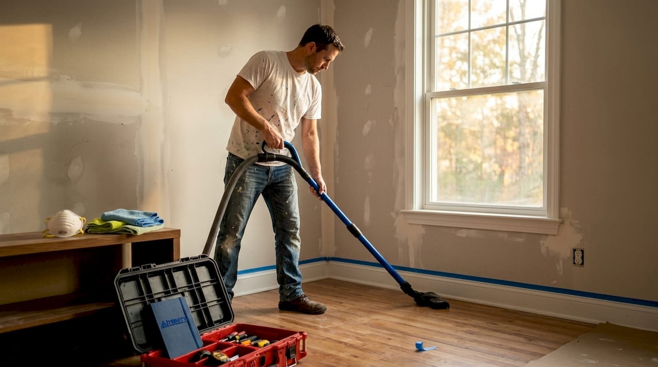 Homeowner cleaning dust before painting walls