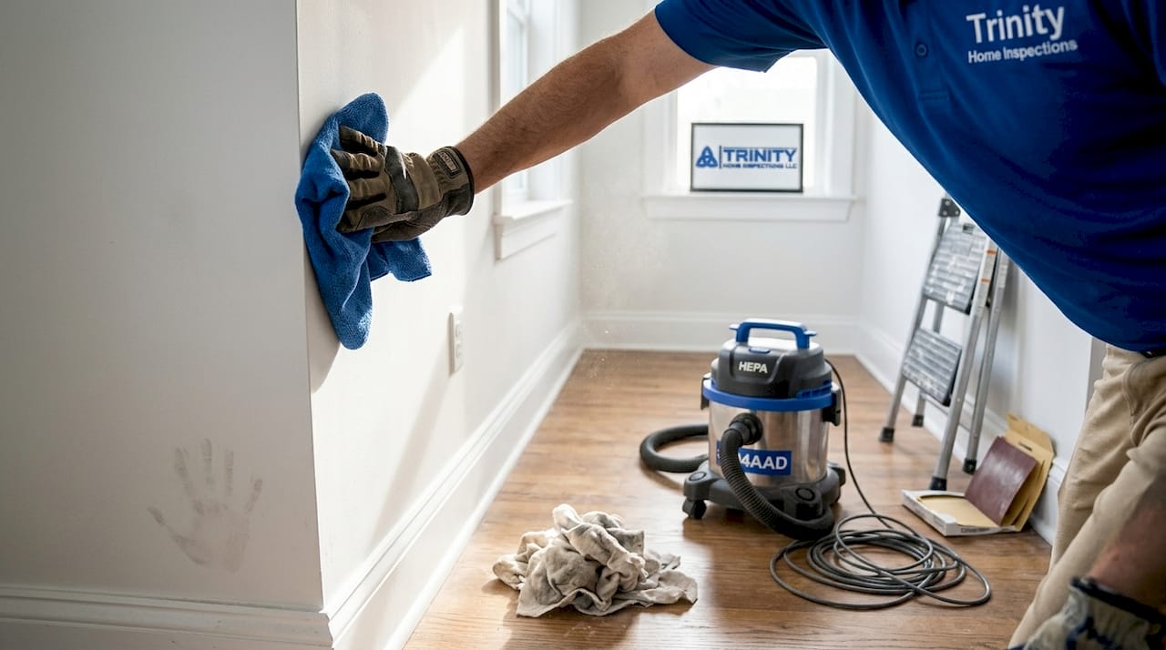 Hands cleaning drywall with microfiber cloth