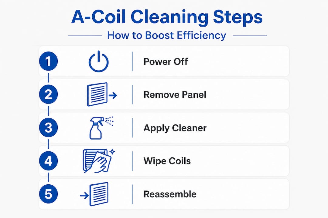 Infographic showing step-by-step A-coil cleaning steps