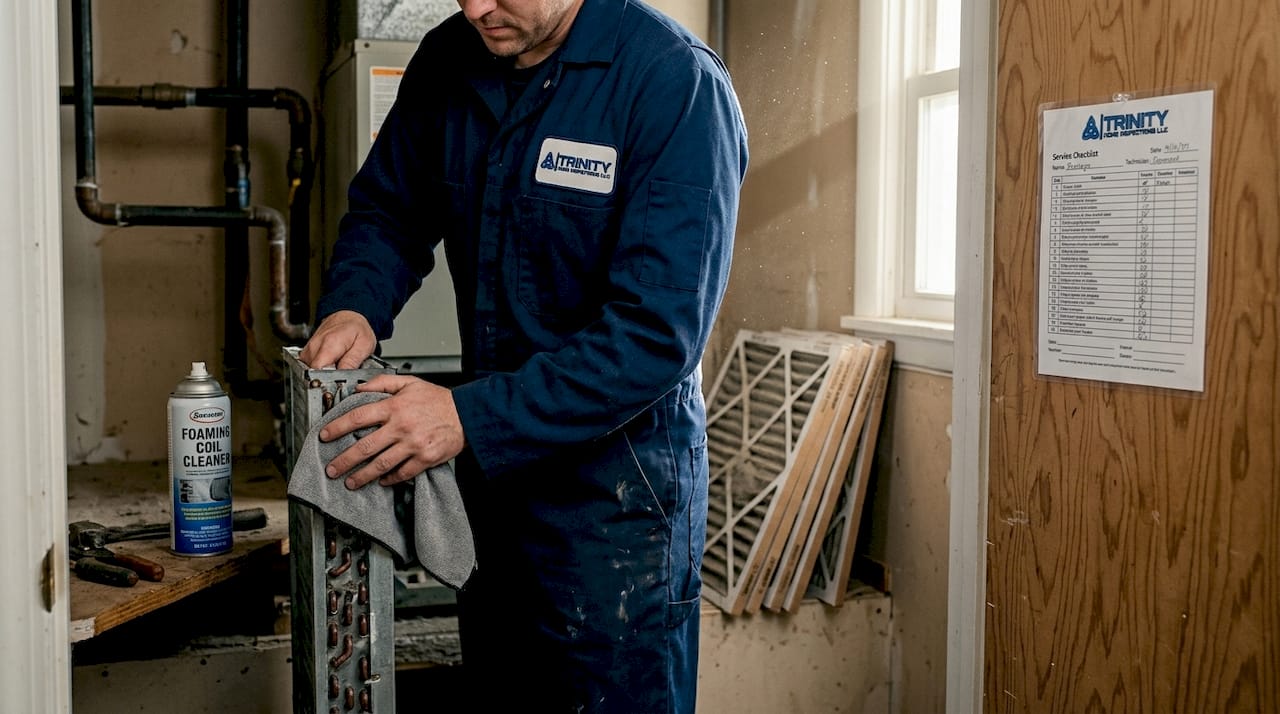 Technician cleaning A-coil inside HVAC closet