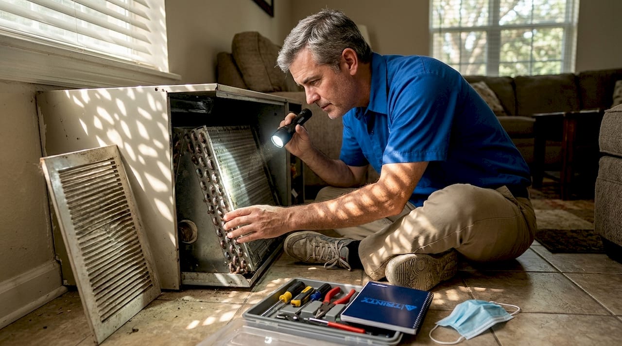 Homeowner inspecting open AC A-coil panel