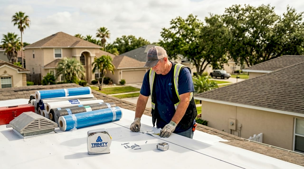 Contractor inspects Energy Star roofing membrane