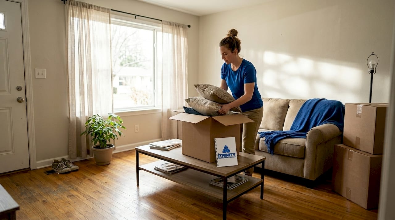 Packing pillows in tidy living room for home sale
