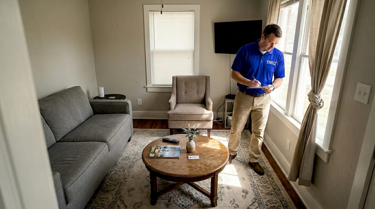 Staged living room with sofa and coffee table