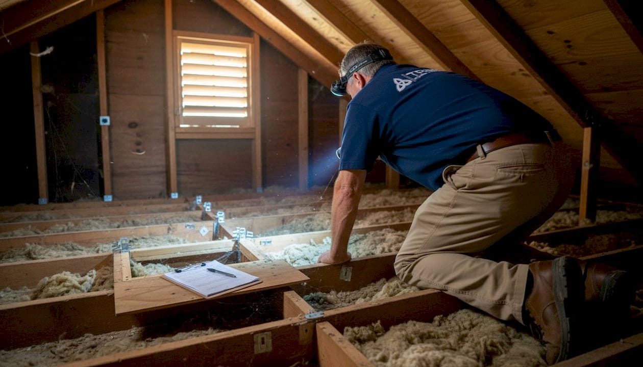Inspector examines attic hurricane straps and roof deck
