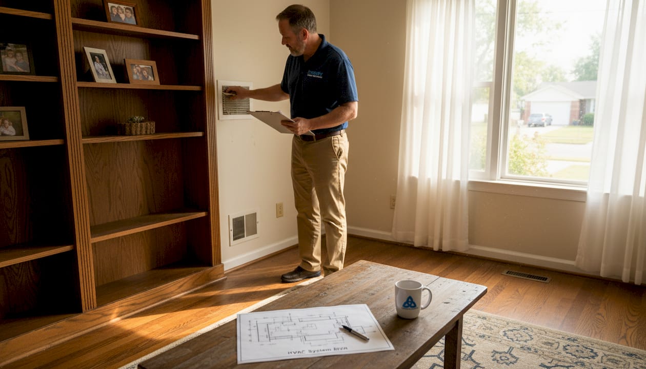 Homeowner inspecting living room vent