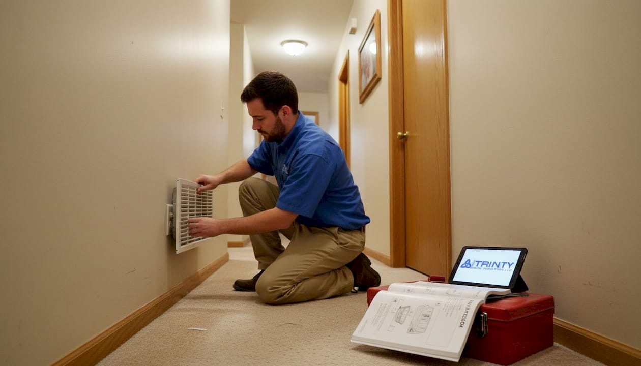 Technician installing air return vent in hallway