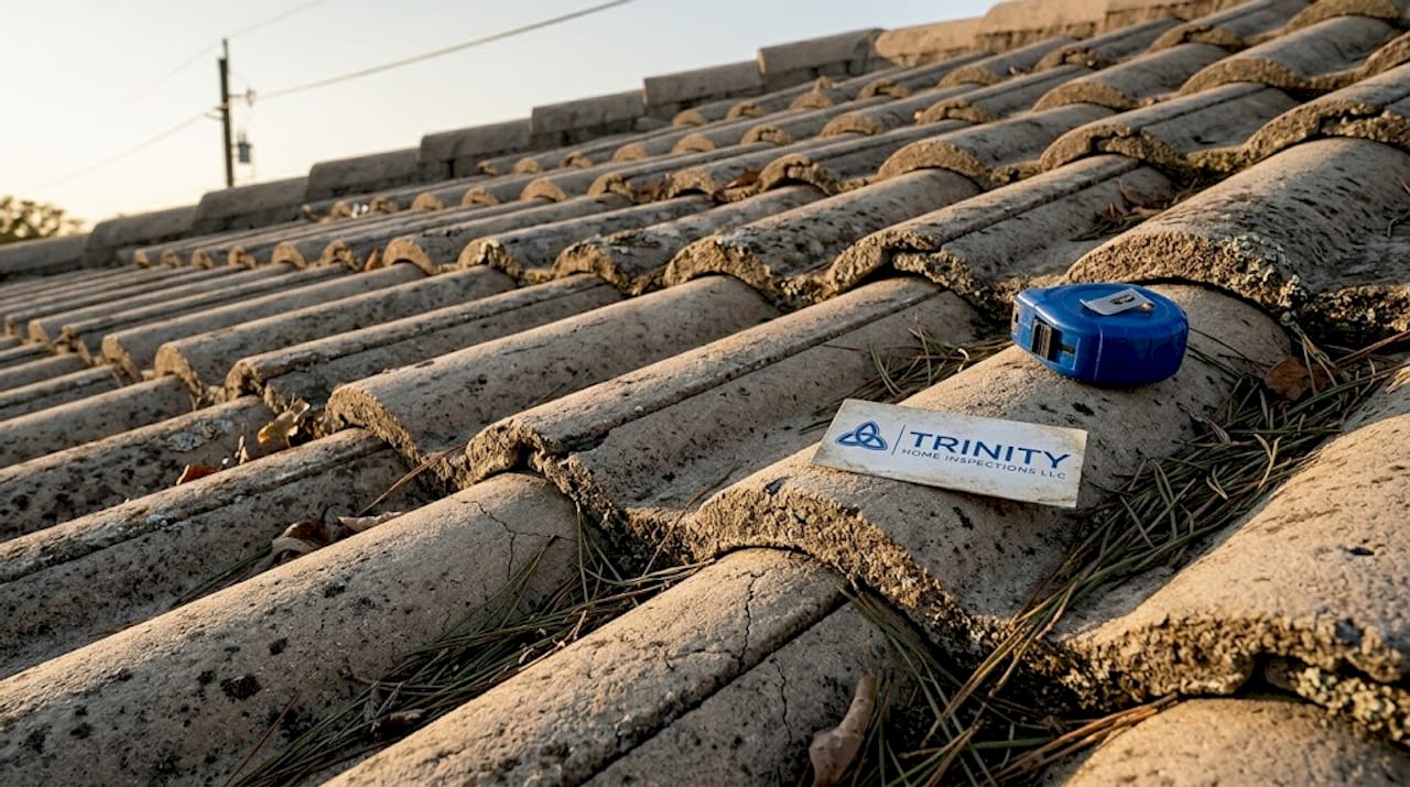 Close view of aging concrete roof tiles
