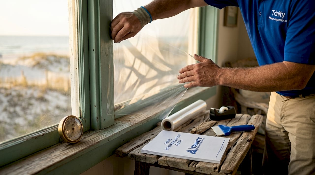 Hands applying clear sheeting to window pane