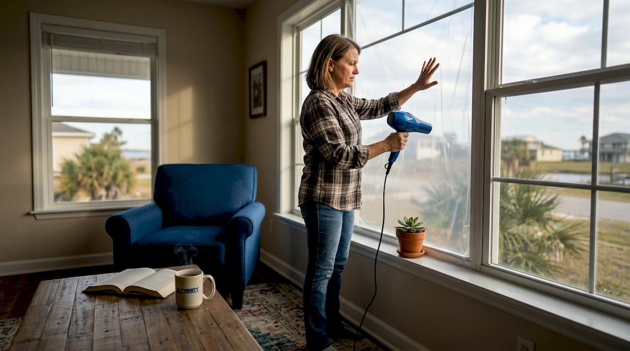 Homeowner installing clear plastic window insulation