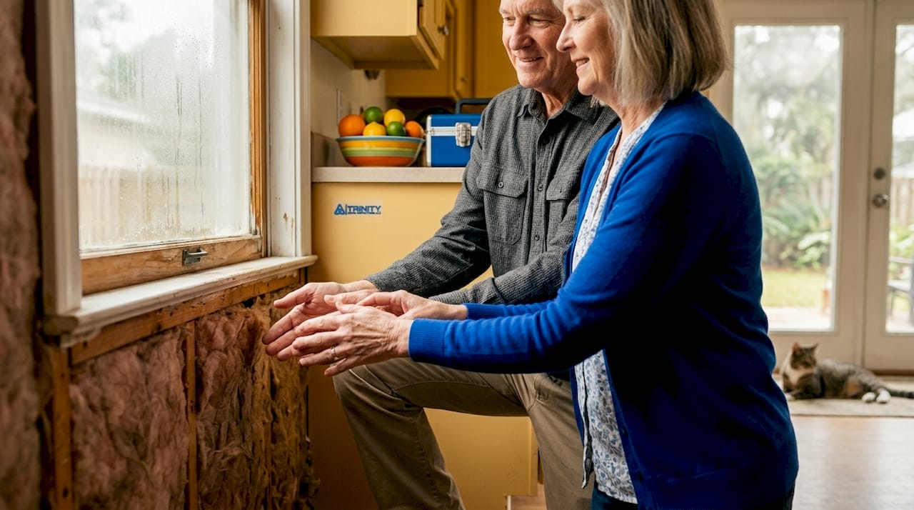 Couple checks wall insulation in sunny Gulf Coast kitchen