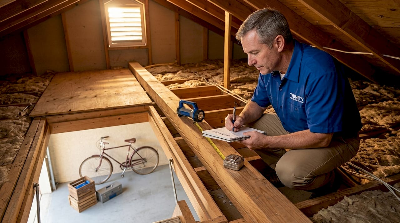 Homeowner inspecting attic joists above garage