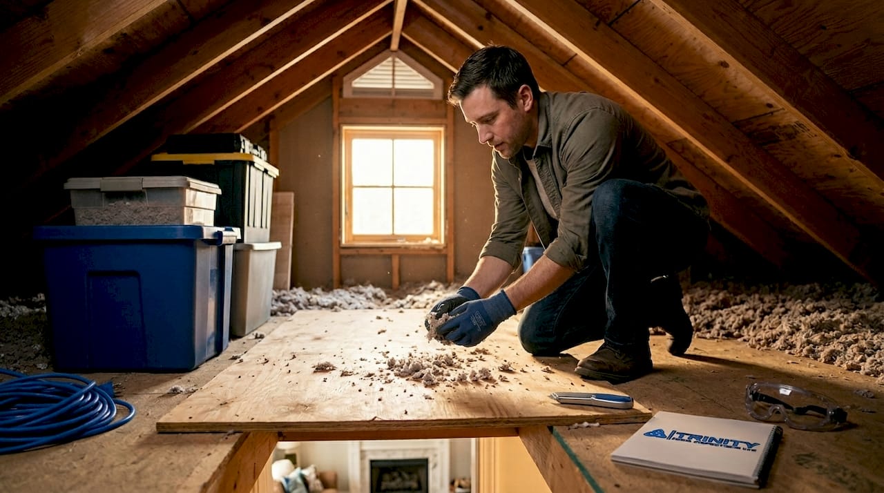 DIYer checking attic insulation with gloves