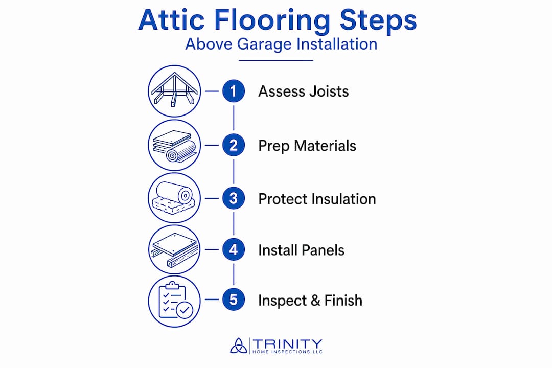 Infographic showing attic flooring step-by-step flow