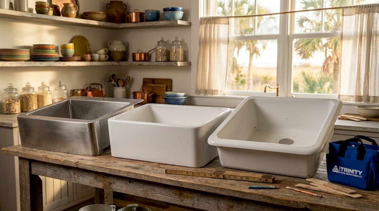 Different farmhouse sink types on a workshop bench