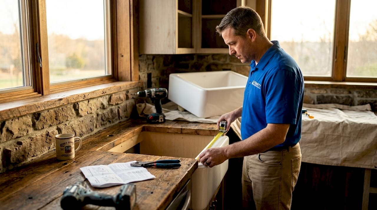 Homeowner measuring for farmhouse sink in kitchen