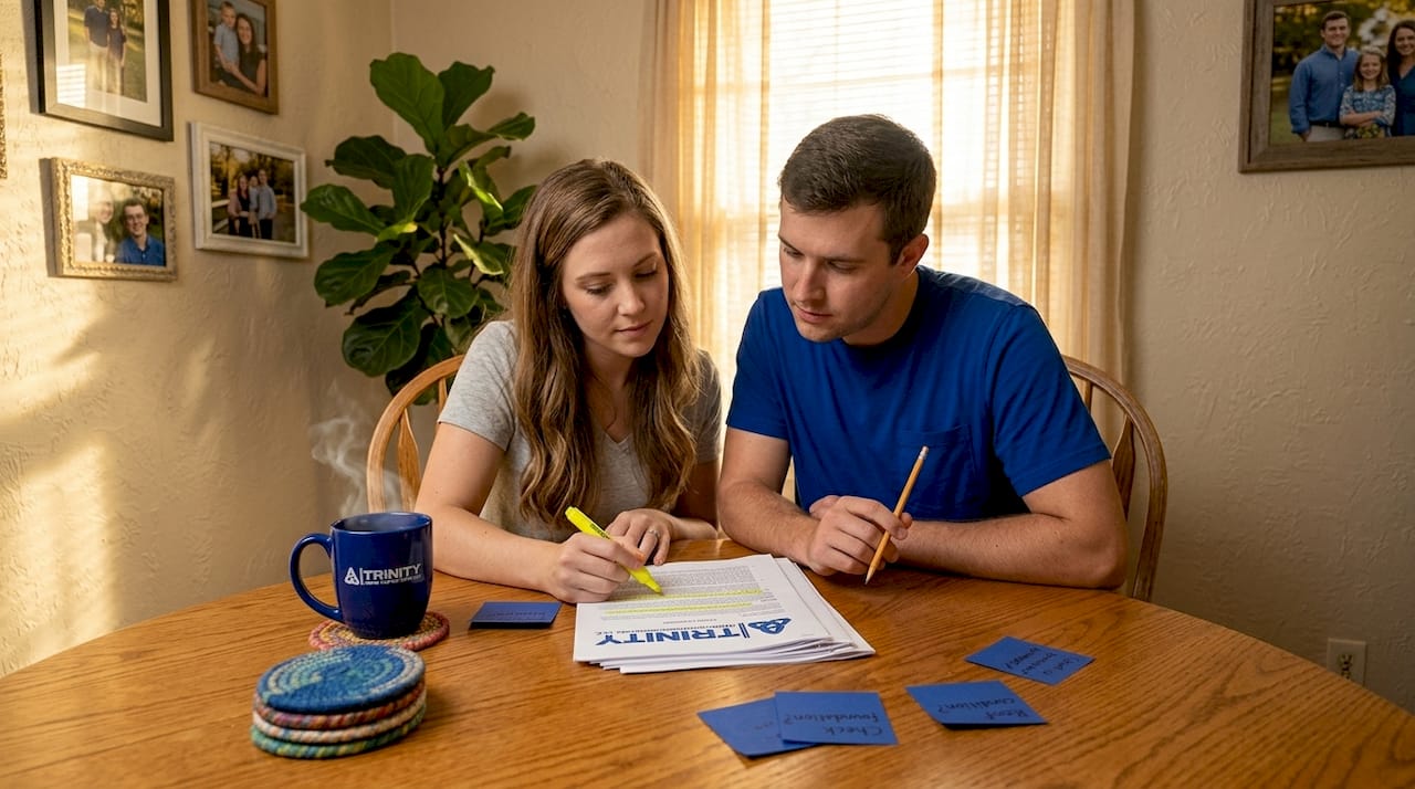 Couple reviews home inspection report at kitchen table