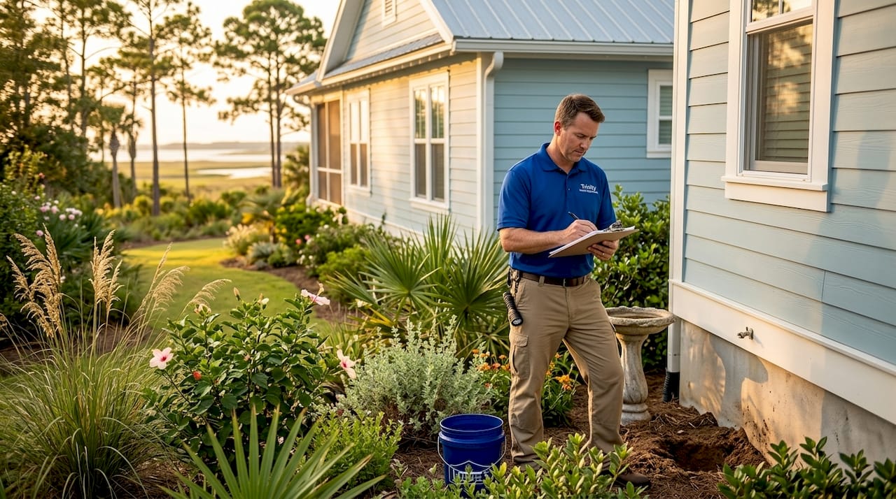 Home inspector checks coastal Alabama house exterior