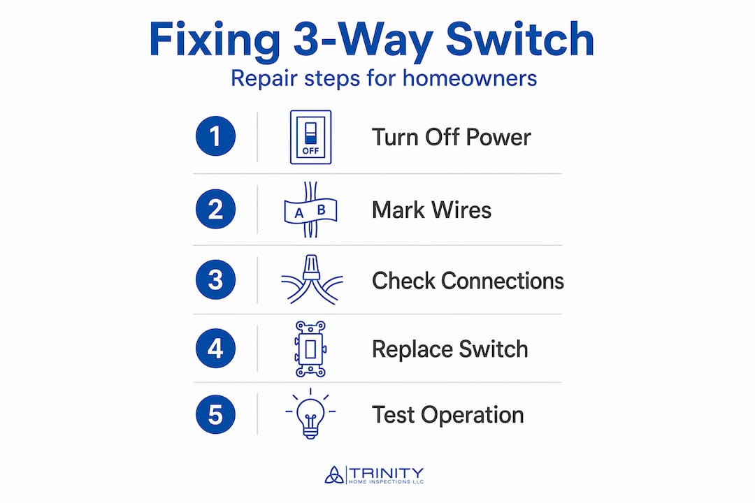 Infographic with 3-way switch repair steps