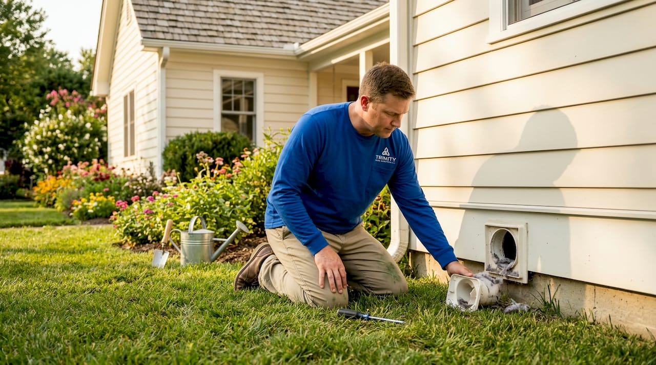 Homeowner inspecting exterior laundry vent