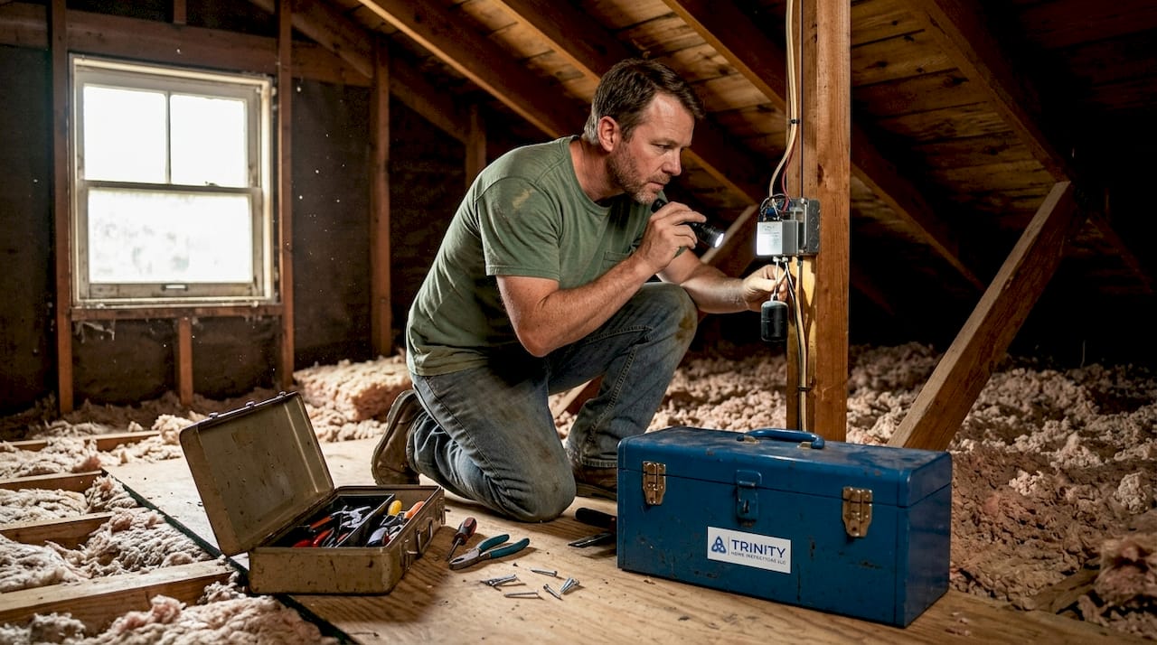 Homeowner inspecting HVAC float switch in closet