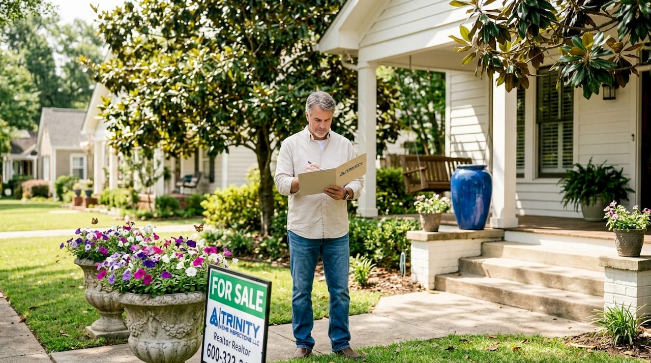Homeowner checks checklist in front of Alabama house