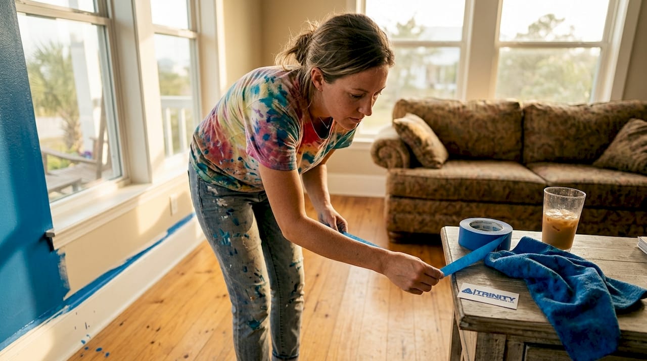 Homeowner finishing cosmetic repairs in living room