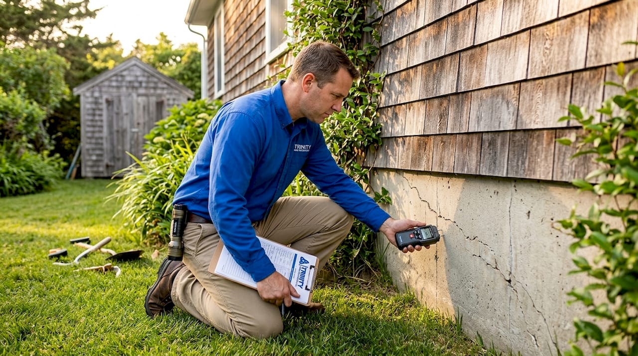 Home inspector examining house foundation cracks
