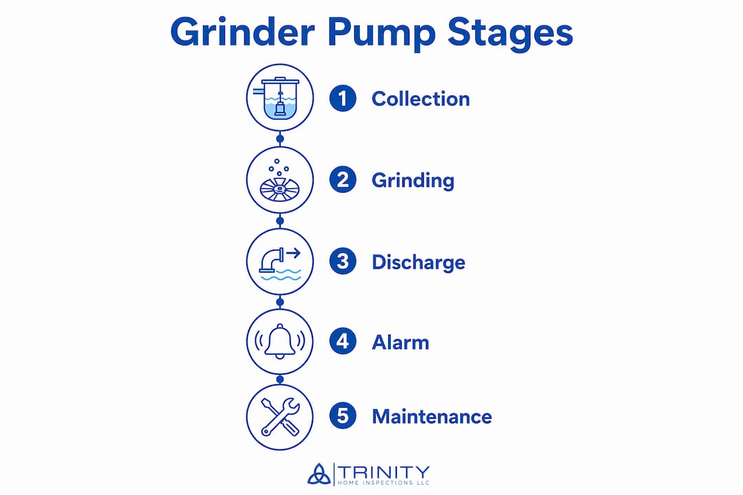 Infographic illustrating grinder pump operating stages