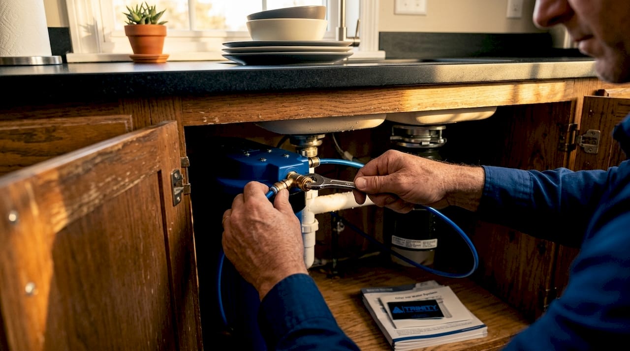 Homeowner installing water purification system under sink