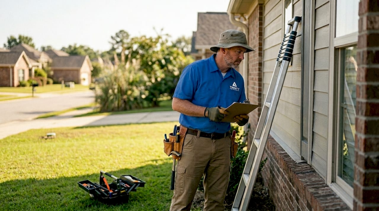 Home inspector examining house exterior