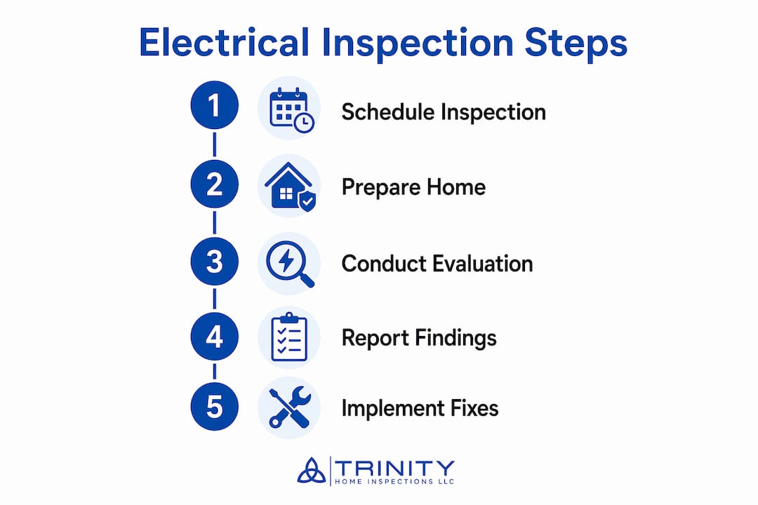 Infographic outlining five steps of electrical inspection