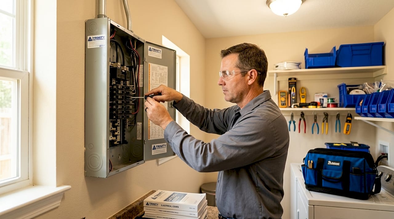 Electrician inspecting home electrical panel