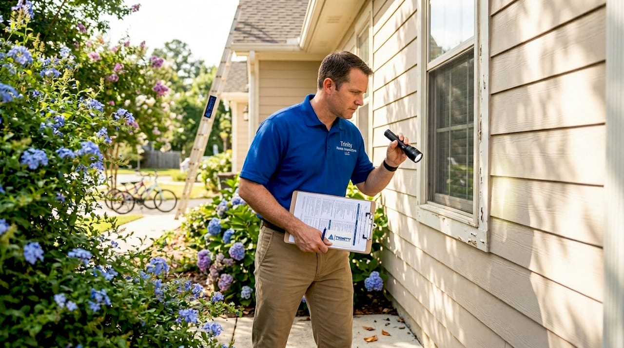 Home inspector examining house exterior in Alabama