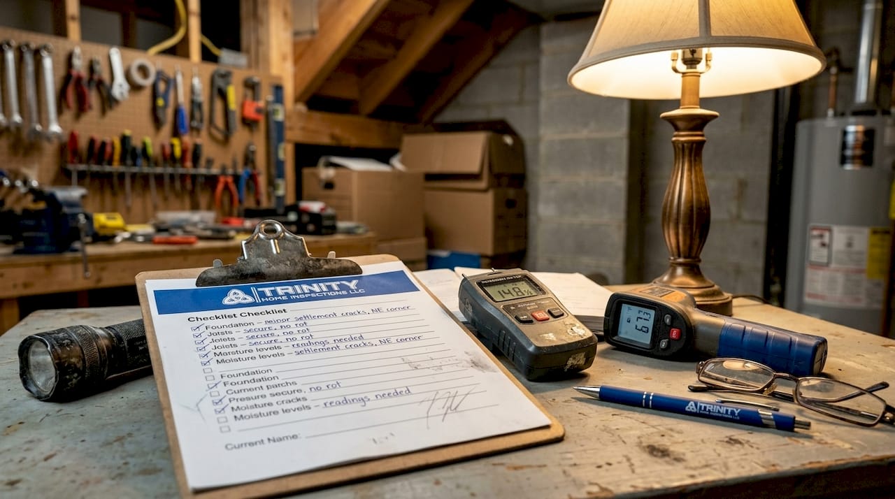 Home inspection tools and checklist on table