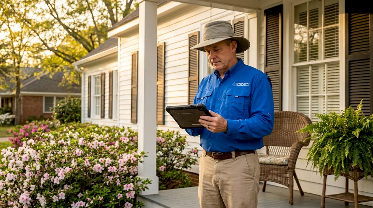 Home inspector examining exterior of Alabama house