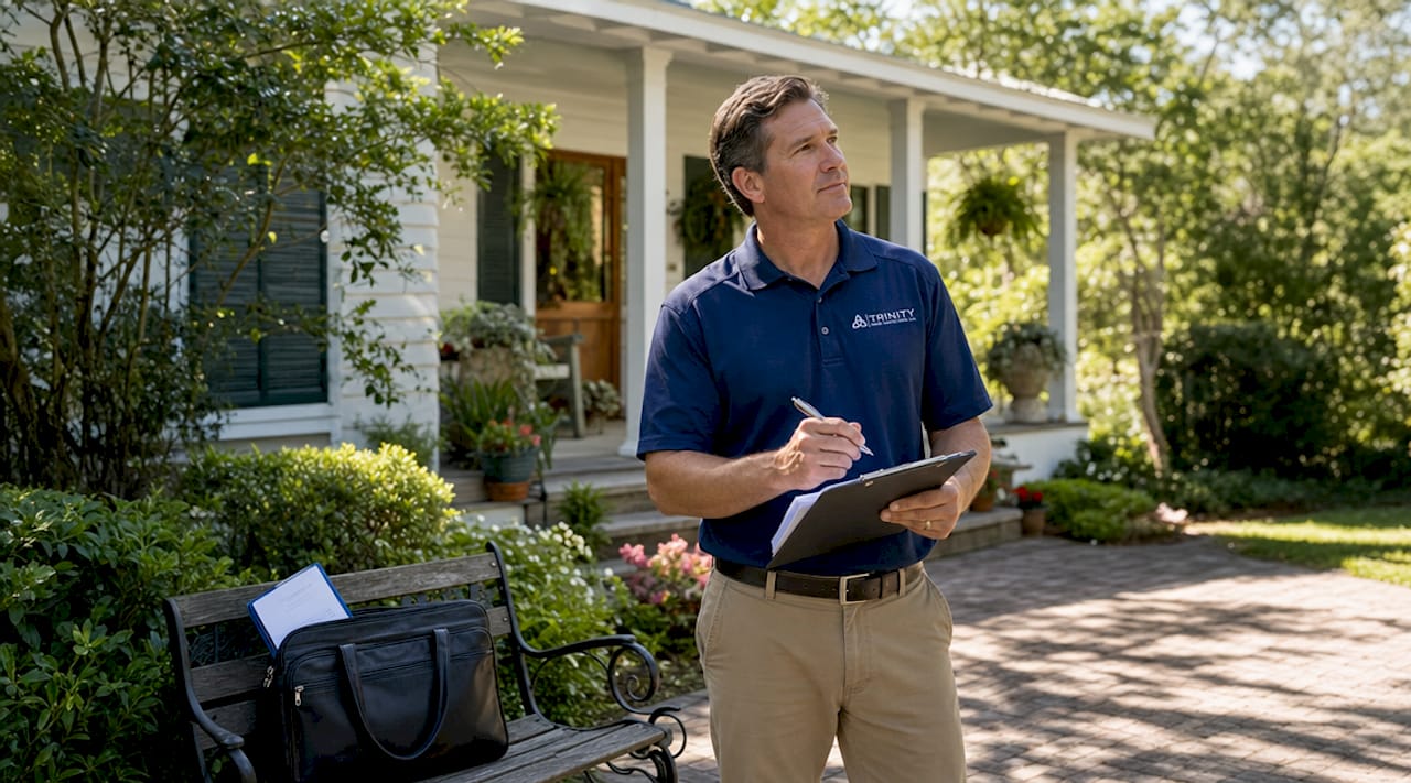 Real estate agent inspecting Alabama home exterior