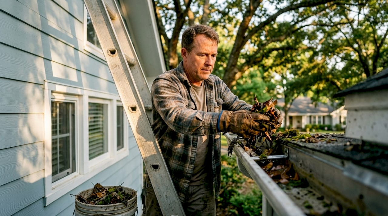 Man cleaning gutters on Alabama home