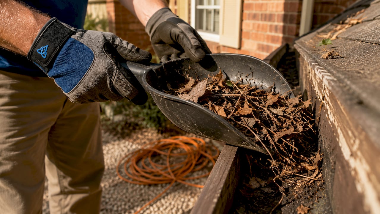 Gloved hands using plastic scoop in gutter