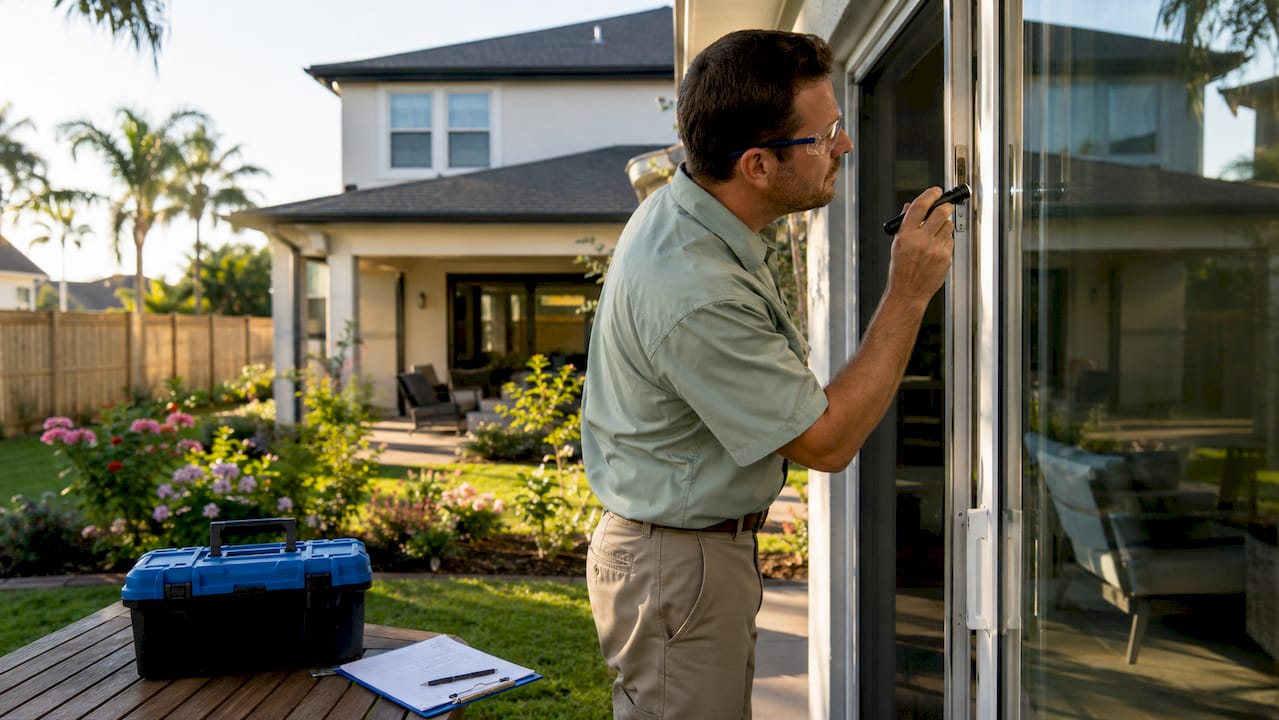 Home inspector examining house door frame carefully