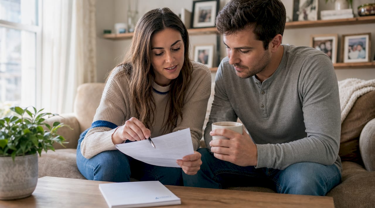 Couple reviewing home inspection contract at kitchen table